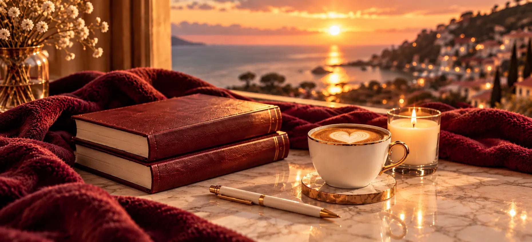 Burgundy books, candlelight, and coffee overlooking a coastal sunset