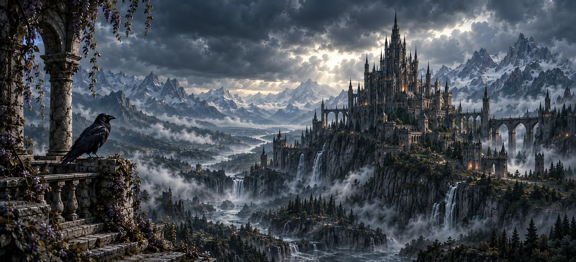 A raven watches over a misty mountain valley and a storm-lit ancient citadel