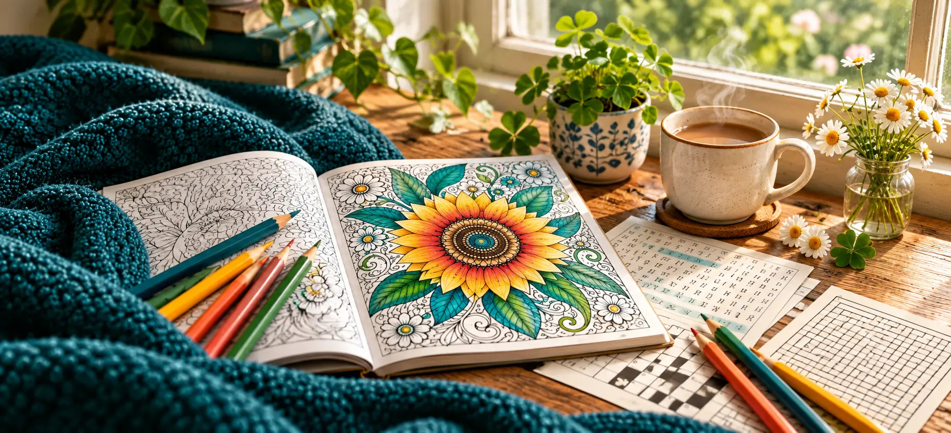 Coloring and puzzle pages, a teal knitted blanket, pencils and warm tea beside a softly lit garden window