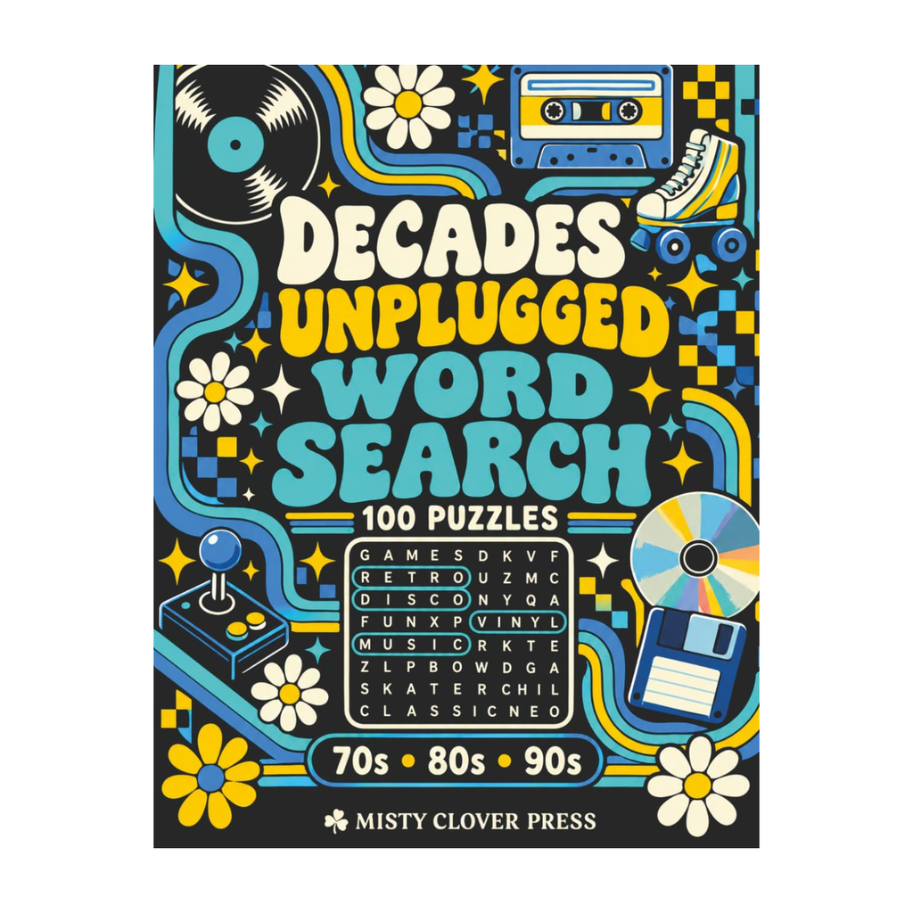 Decades Unplugged Word Search by Misty Clover Press, front cover