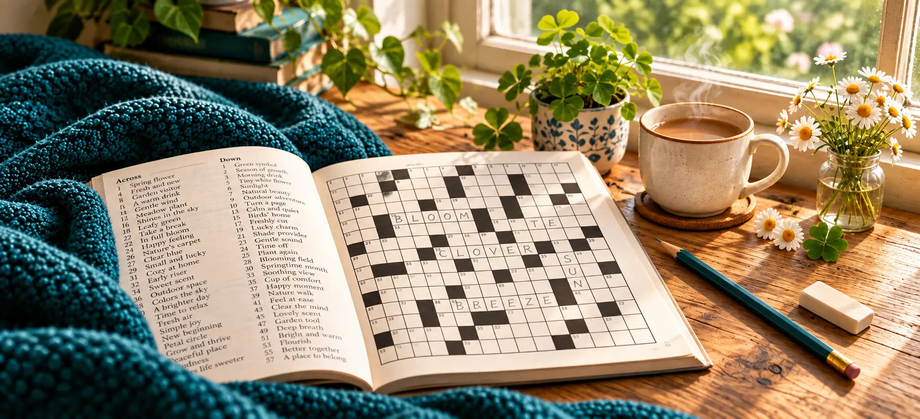 An open crossword book with a pencil, teal blanket and tea beside a softly lit garden window