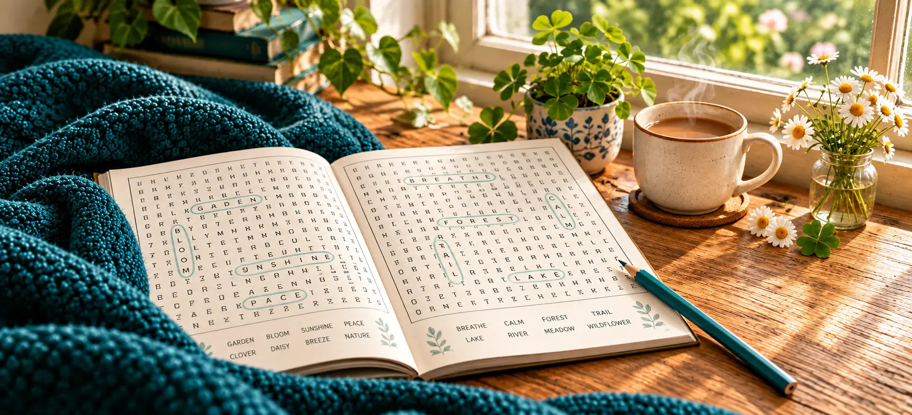 An open word-search book with a teal pencil, knitted blanket and warm tea beside a garden window