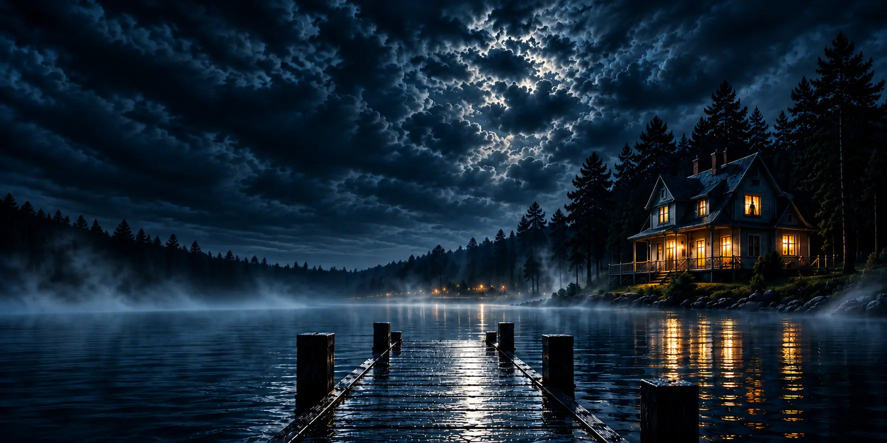 A secluded lakeside house with lit windows, a wet wooden dock and mist over dark blue water